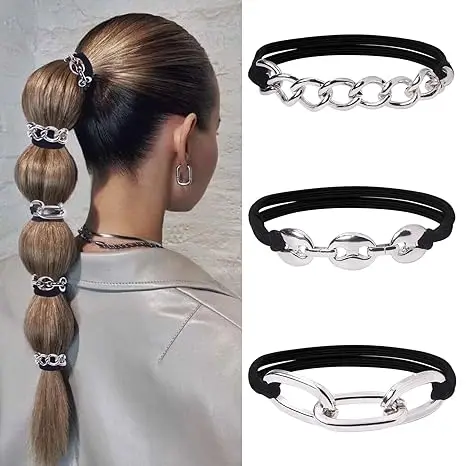 3Pcs/Set Metal Chain Hair Ties For Women High Elastic Hair Rope Bracelet Jewelry Retro Rubber Ponytail Holder Scrunchies