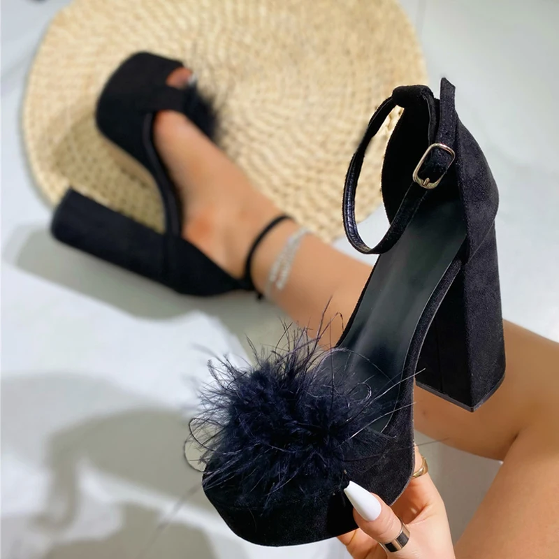 Liyke Summer Super High Platform Sandals For Women Black Fluffy Feathers Open Toe Buckle Strap Chunky Heels Party Stripper Shoes