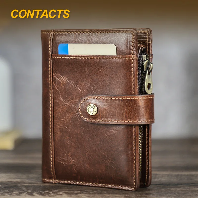 Full-Grain Color-Changing Top-Grain Cowhide RFID Anti-Skimming Men's Wallet with Buckle Tri-Fold Genuine Leather Wallet