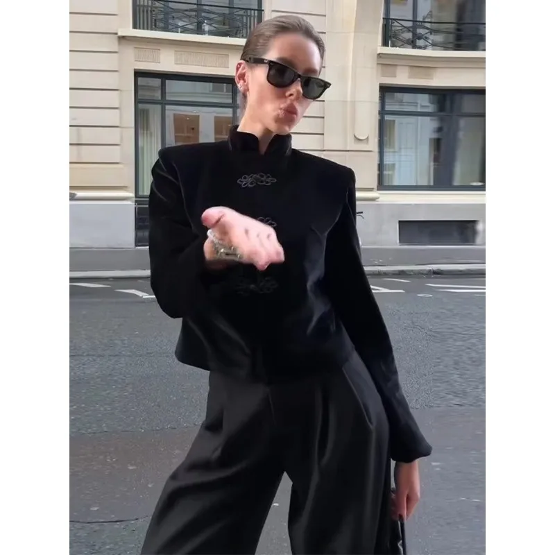 Satin Stand Collar Frog Button Cropped Jacket Slim Long Sleeve Elegant Fashion Outerwear Commute Spring Autumn Coat