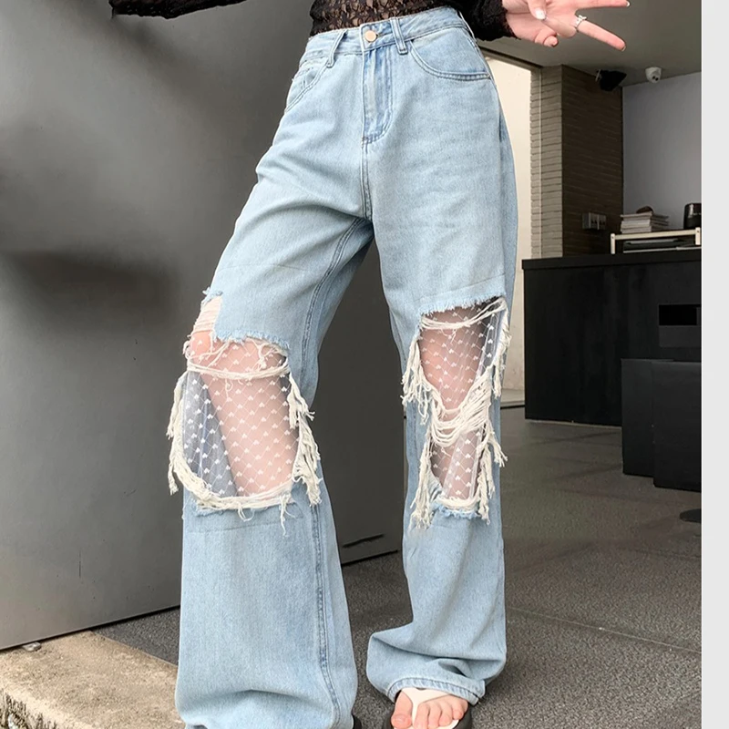 Hole Tulles Splice Denim Pants Women Summer Trendy High Waist Straight Trousers Loose Wide Leg Jeans Female Streetwear