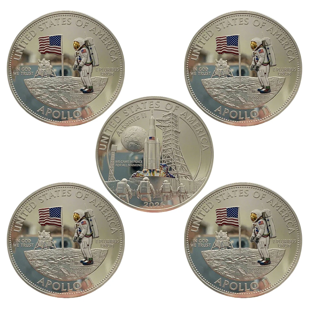 5PCS Apollo 11 & Artemis II Moon Landing Commemorative Coin Astronaut & Rocket Challenge Coin US Space Exploration Souvenir Gift