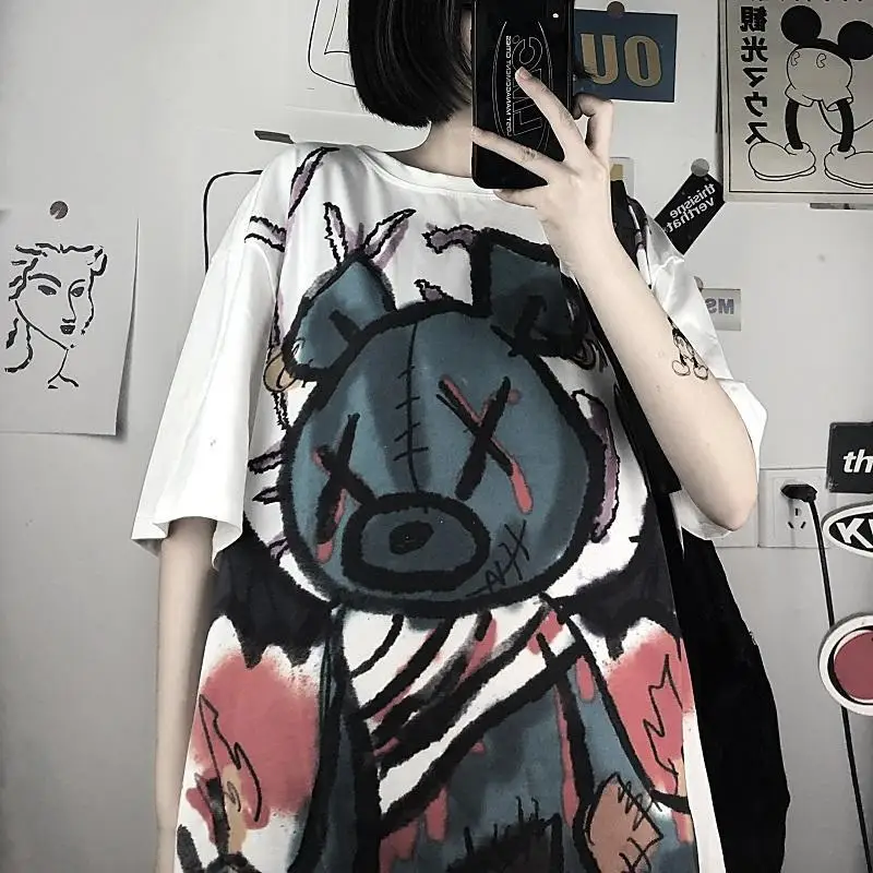 Emo Casual Oversized 3XL Graffiti Cartoon Short Sleeve T-shirt Y2k Tops Women Korean Harajuku Punk Kawaii Grunge Graphic Tee