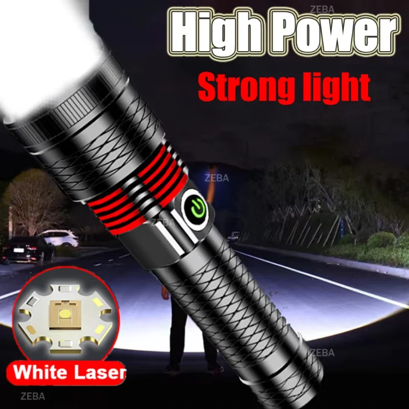 High Power Rechargeable Strong light LED Flashlights White Laser Lamp Beads aluminumalloy flashlight Super Bright LanternCamping