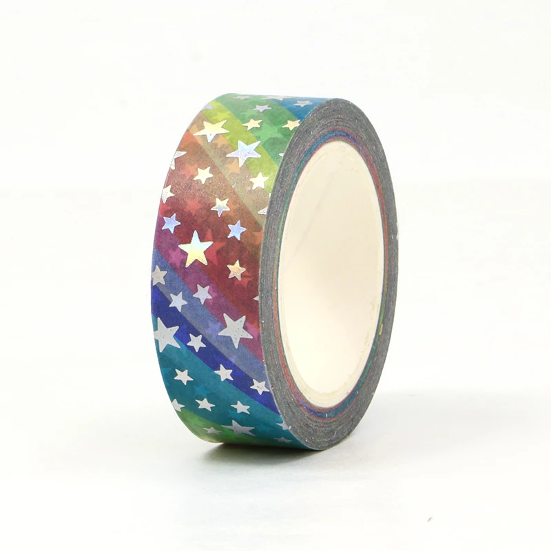 1PC. 10M Deco Silver Foil Rainbow Stars Washi Tape for Planner Scrapbooking Adhesive Stickers Masking Tape Cute Kawaii Papeleria