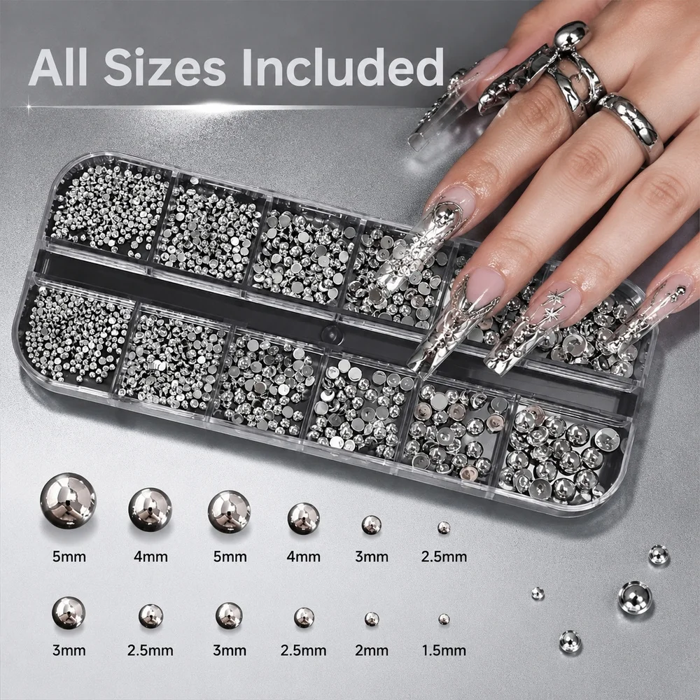 12Grids Assorted Dome Silver Metal Pearl Nail Beads Multi‑Size Flat‑Back Charms For Girl DIY Acrylic Nails Manicure Accessories