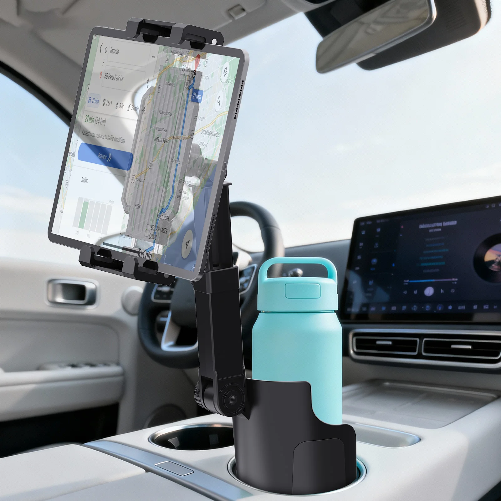 

Car Cup Slot Tablet Stand Holder Expander with Cell Phone Mount 360 Rotation Smartphone Auto Interior Accessories for Ipad Pro