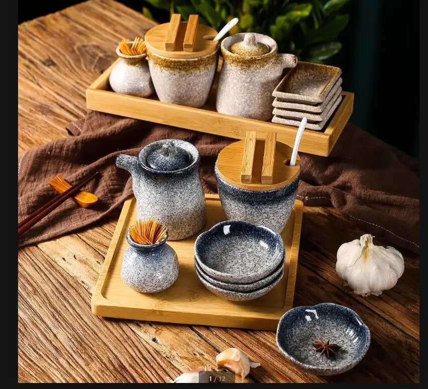 Ceramic Seasoning Jar Spice Container Box Set Wooden Pallets Salt Shaker Oil Can Toothpick Jars Taste Dish