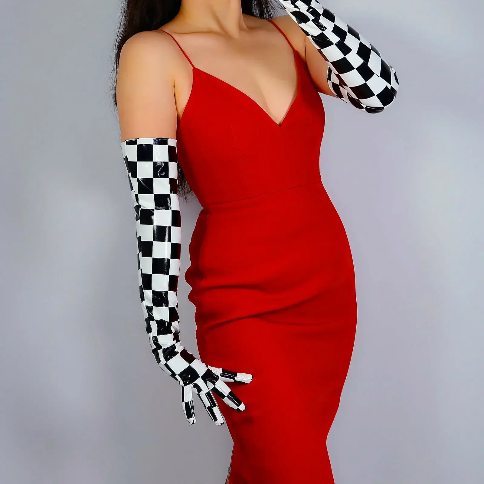 

Женские перчатки в клетку, 60 см, выше локтей, из искусственной латексной кожи, черно-белые, для вечерних нарядов, модных сценических костюмов, косплея