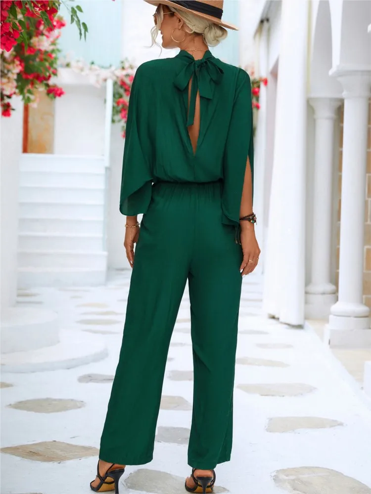 Women's Spring Summer New Fashionable Stand Up Collar With Raglan Sleeves Split Sexy Back Strap Open Back Long Jumpsuit