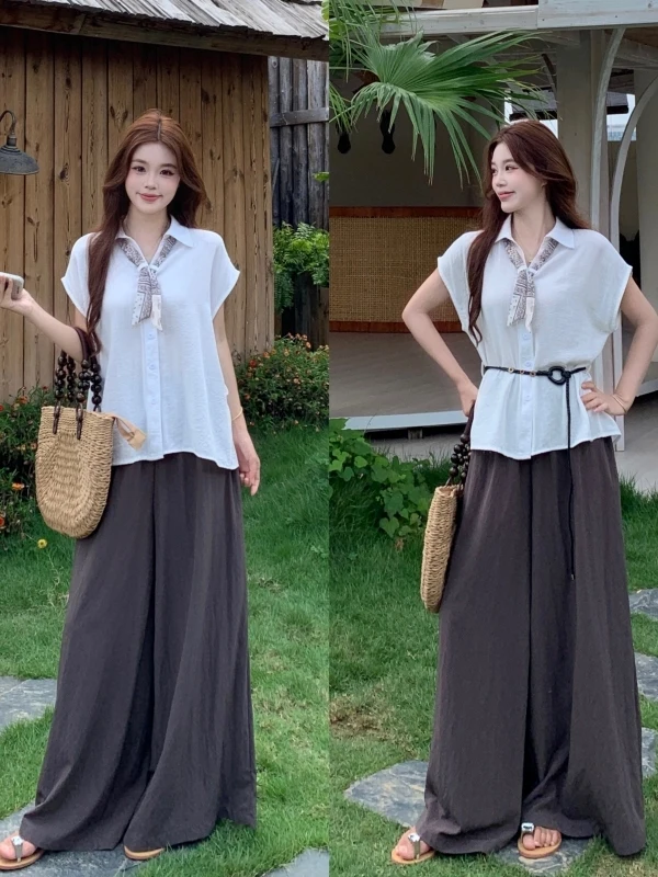 

plus Size Loose Summer Outfit Moneybags Style Meat Covering Slimming Top Wide Leg Pants Set Silk Scarf Waist Belt