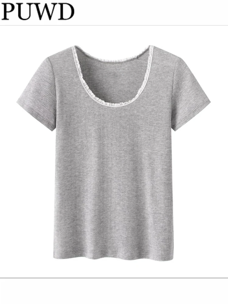 PUWD Casual Women Soft Cotton Grey Tees 2023 Summer Fashion Ladies Vintage O Neck Lace Neckline Short Sleeves Female Tops Chic