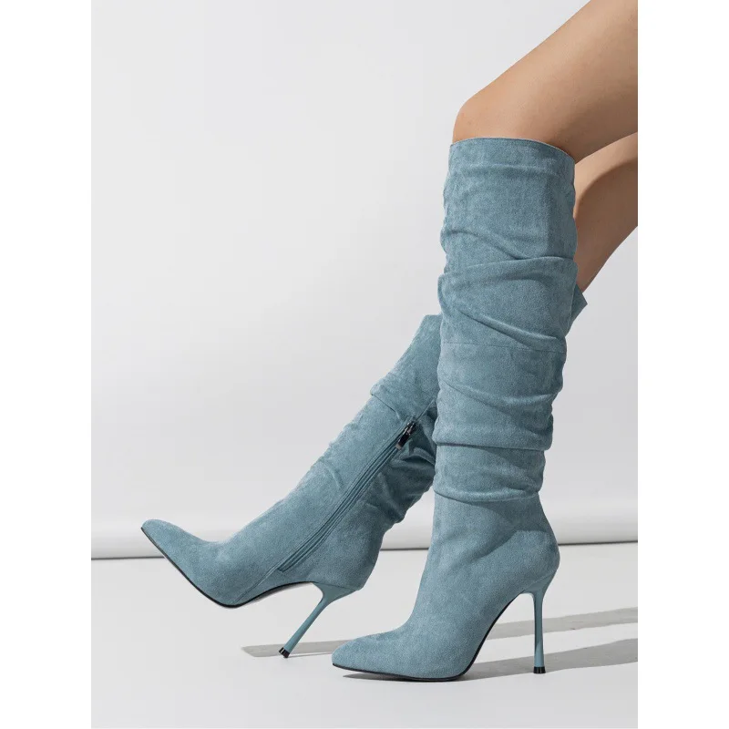 2024 new women's boots pointed suede thigh high pleated side zipper boots fashion fine heel a stirrups women's boots