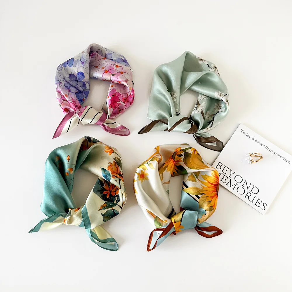

31Colors 100% Mulberry Silk Scarf Foulard Design Head Wraps Fashion Flower Print Silk Scarf Headkerchief Neck Wrap Women 53cm