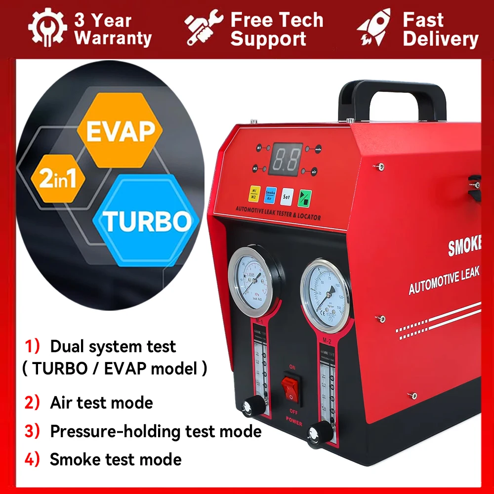 

Dual Mode EVAP Turbo Automotive Smoke Leak Detector with Built-in 2 Air Pump Pressure Regulator for Vacuum, Fuel, More Leak Test