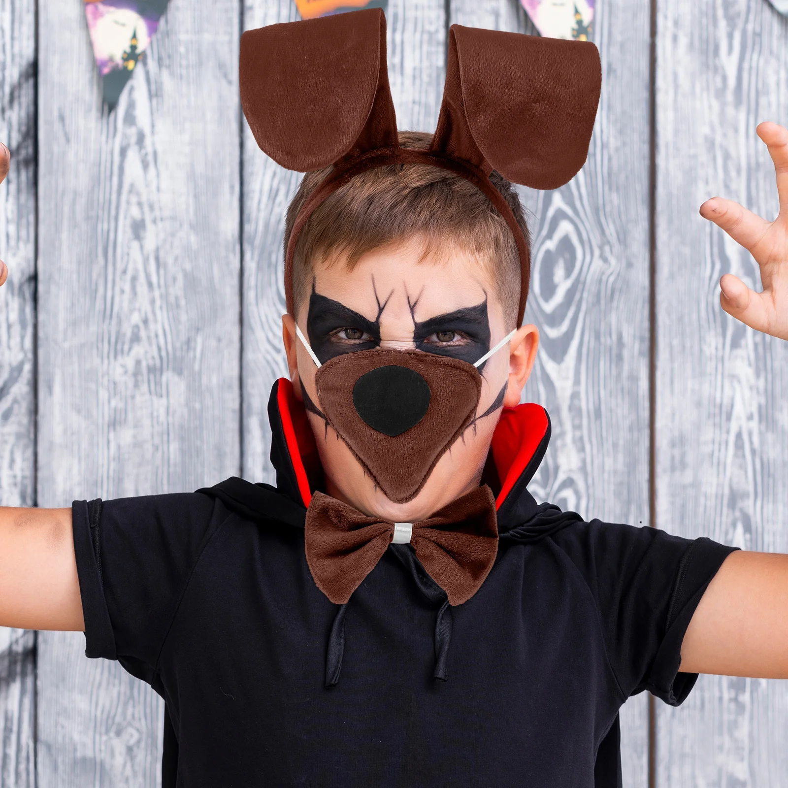 1 ensemble de costumes de chiot pour enfants, adorables oreilles de chien, bandeau, queue, nez, nœud papillon, déguisement de fête d'halloween, Costume de chiot Cosplay pour enfants