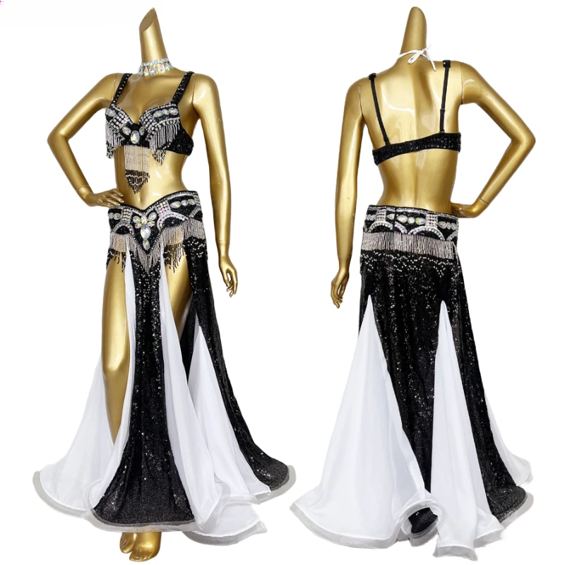 New Beaded Belly Dance Costumes Bra Belt Skirt 3pcs Set Sexy Lady Women Stage Performance Outfit Carnival Dancer Costume Wear