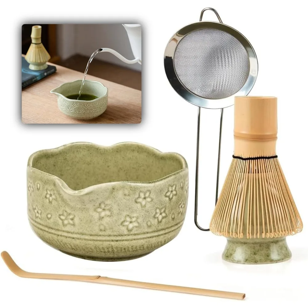 Ensemble Matcha 5 pièces, kit de préparation du Matcha en céramique avec bol, fouet et support en bambou, tamis en acier inoxydable, cuillère, kit de préparation, cadeau pour les débutants et les passionnés avec boîte élégante