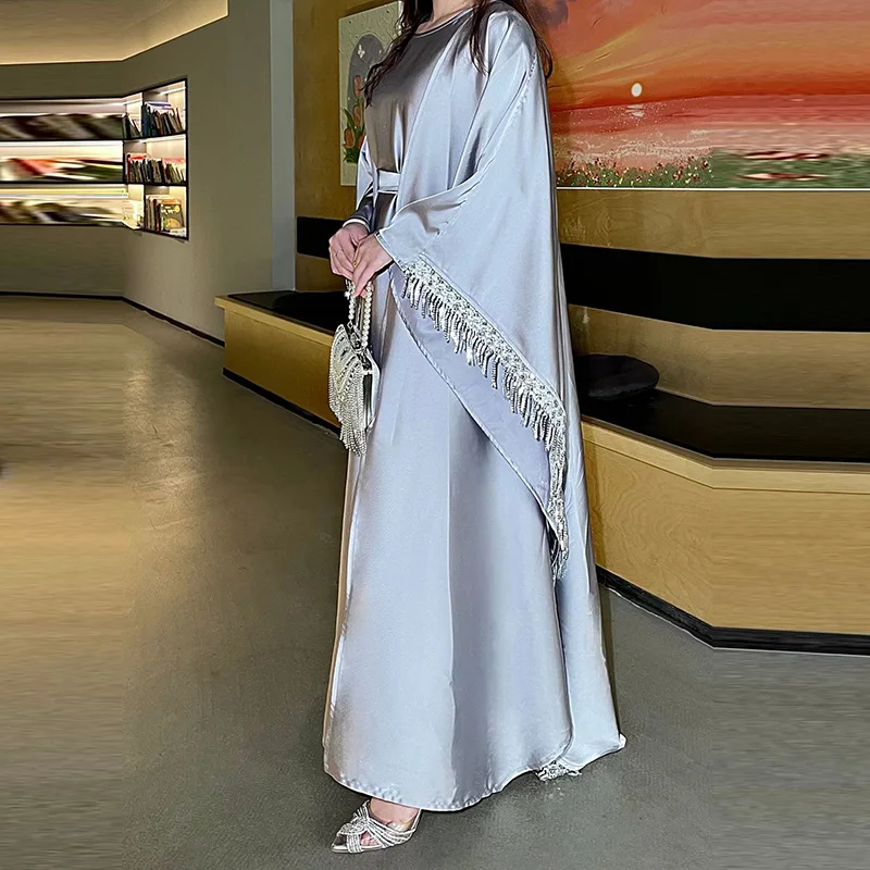 

Женский повседневный атласный однотонный свободный комплект из 2 предметов с рукавами «летучая мышь», модный халат с кисточками, модная длинная юбка с круглым вырезом и кардиган, костюм