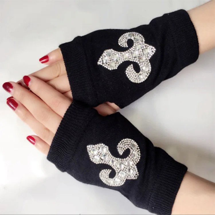 Fingertip Rivet meio dedo luvas, Sailor Dance Performance, Lã preta