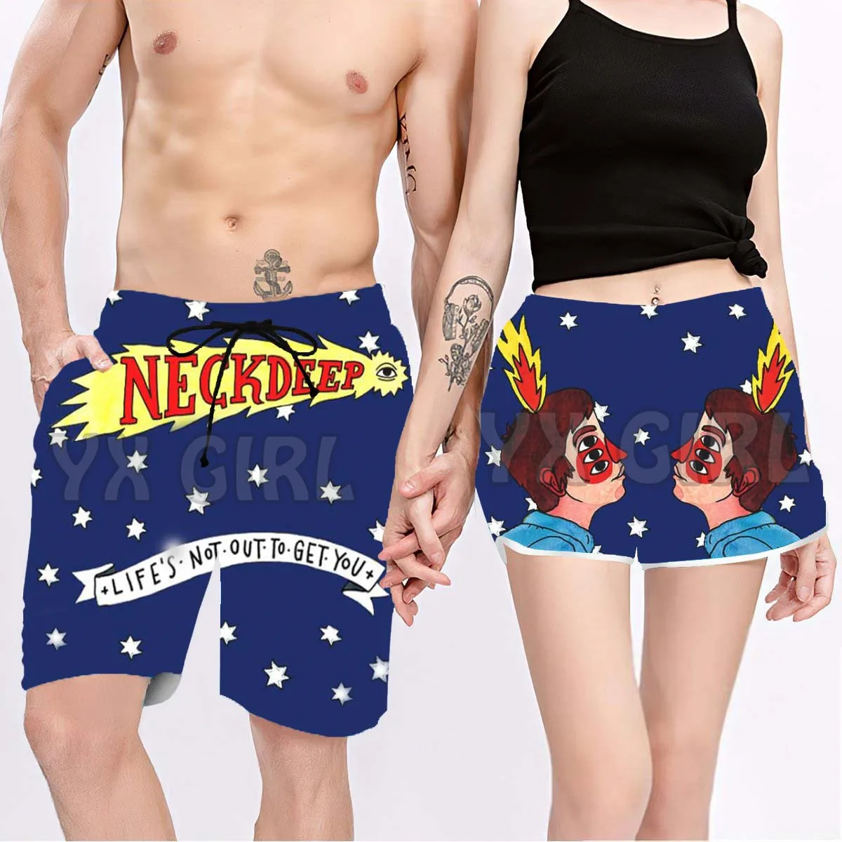 Neck Deep 3D All Over Printed Couple Matching Men's Women's Shorts Quick Drying Beach Shorts Summer Beach Swim Trunks 02