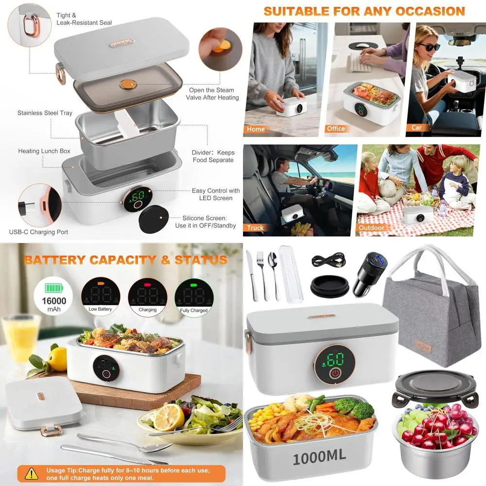 

Rechargeable Heated Lunch Box with Cutlery, Insulated Bag for Travel, Picnic, Camping