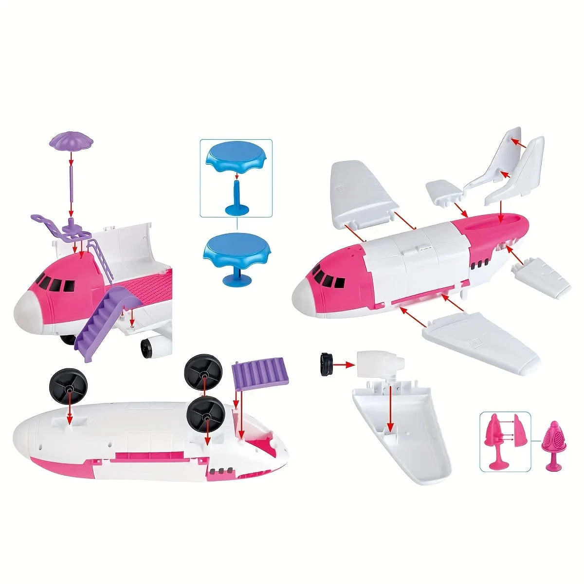 子供用ピンクプリンセス飛行機プレイセット1個、アクセサリー、家具、フィギュア付きのふり遊び飛行機おもちゃ