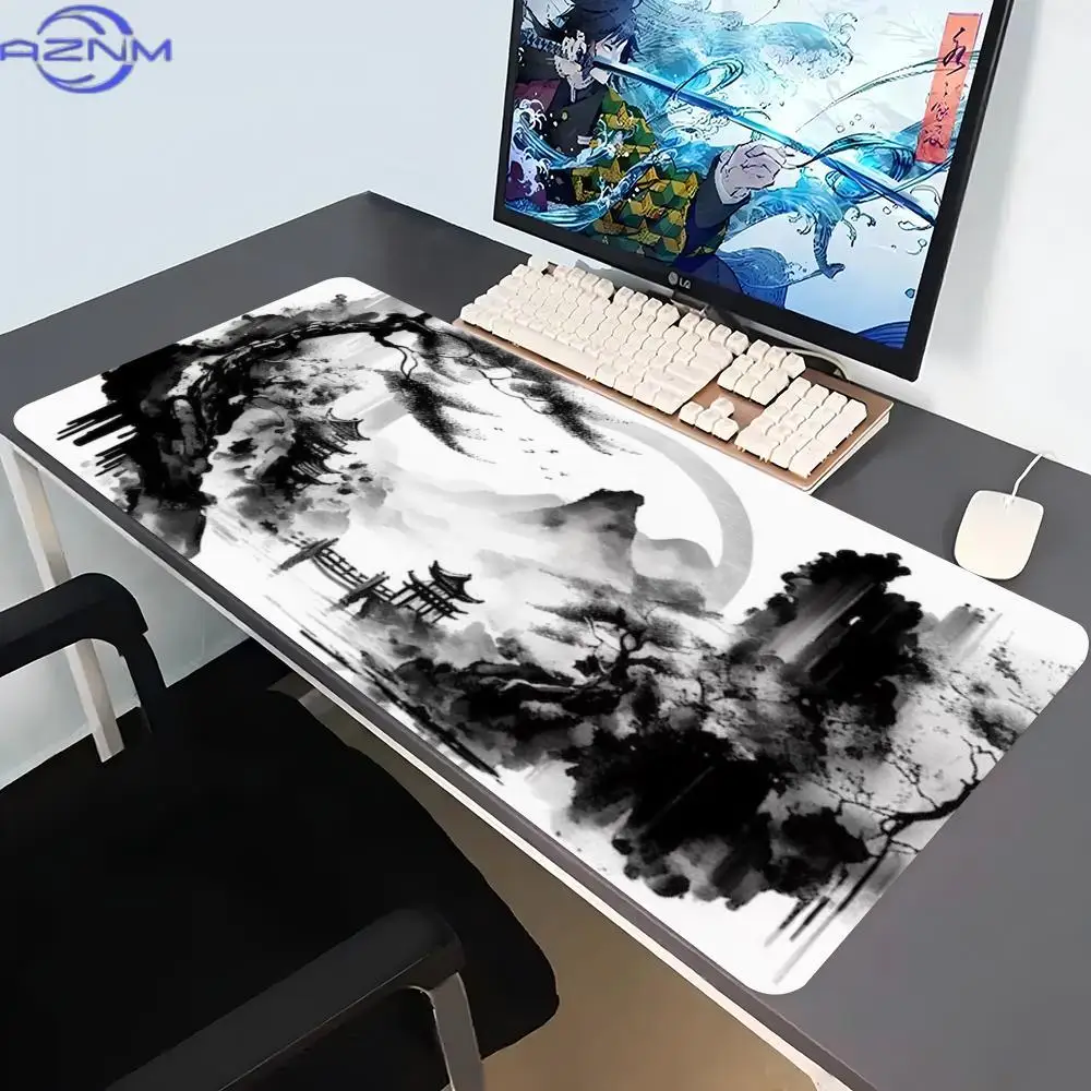 Chinese Ink Landscape Gaming Mouse Pad Large Desk Mat Mountain Temple Extended Keyboard Mat Non Slip Gamer Carpet for Office
