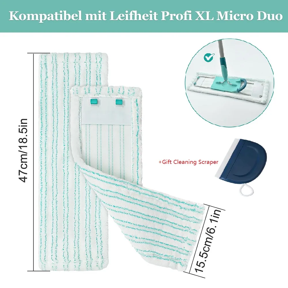 2-Pack Replacement Mop Pads for Leifheit Profi XL with 1 TPR Scraper, Microfiber Washable Floor Cleaning Pads for Tiles & Wood