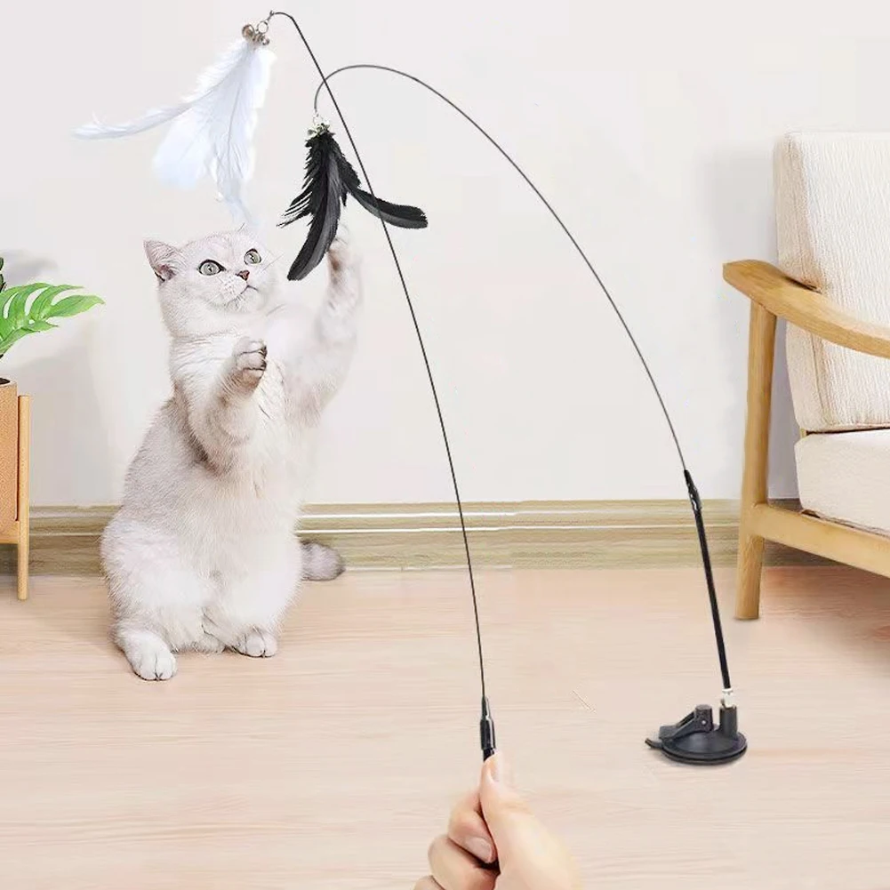 Interactive Cat Toy Handfree Cat Stick Playing Kitten Playing Teaser Wand Toy Suction Cup Bird/Feather Cat Wand Pet Supplies