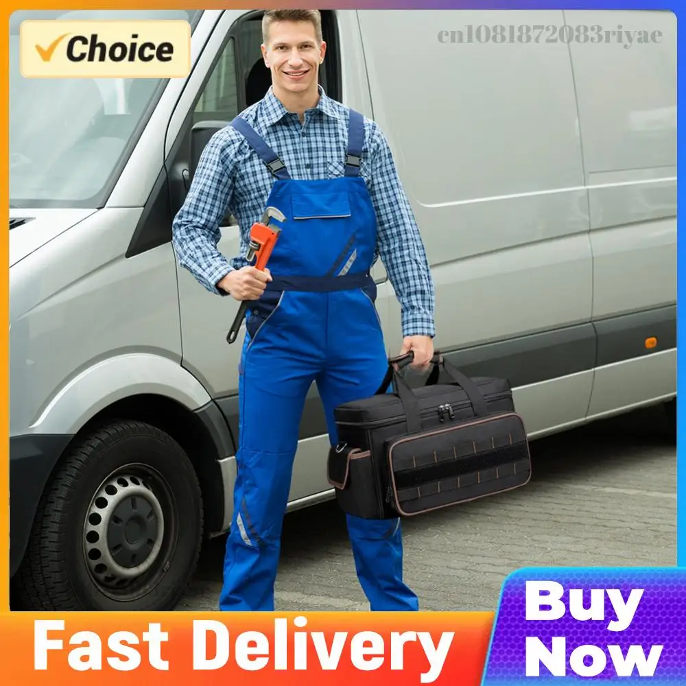 17 Inch High Capacity Wide Mouth Tote with Adjustable Shoulder Strap Heavy Duty Tool Bags for Electrician Mechanic Plumber HVAC