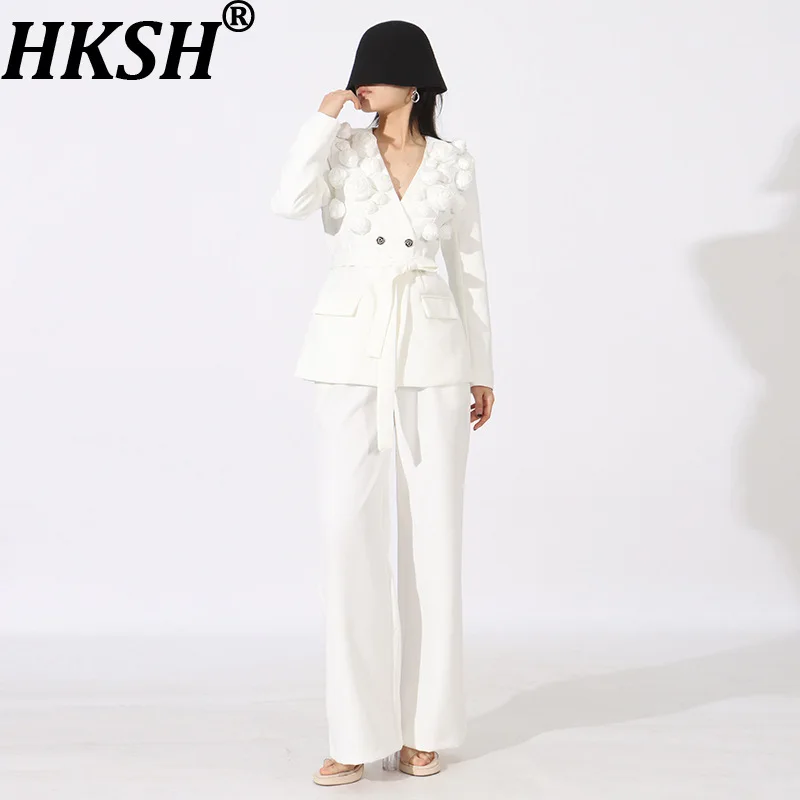 HKSH 2026 Spring New Women Two-piece Suit Set V-neck Three-dimensional Flower High-End Luxury Blazer Wide Leg Pants Chic HK18784