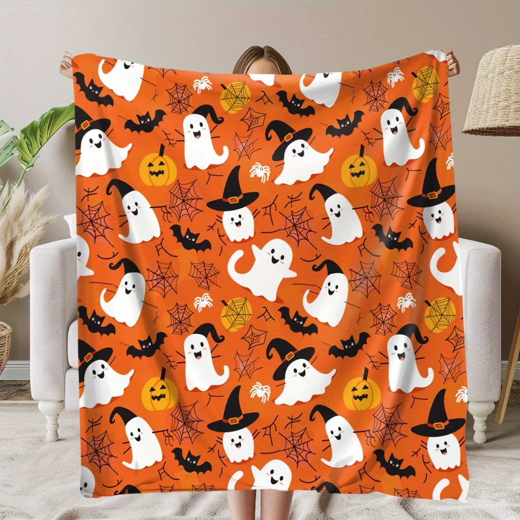 1pc of Halloween-Themed Blanket Featuring Pumpkins, Bats, Ghosts, And Cobwebs, Perfect for Cozy Moments And Memorable Occasions. an Excellent Gift for Classmates, Friends, Family, And Partners, Suitable for Naps, Camping, Travel, Cars