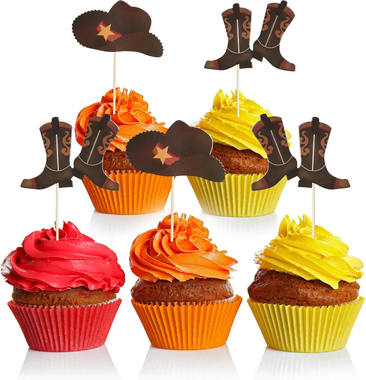 24 Stück Cupcake-Topper mit Cowboyhut und Stiefeln, Partyzubehör zum Thema Western, Geburtstagskuchen-Dekorationen, Babyparty-Picks – Detail 6