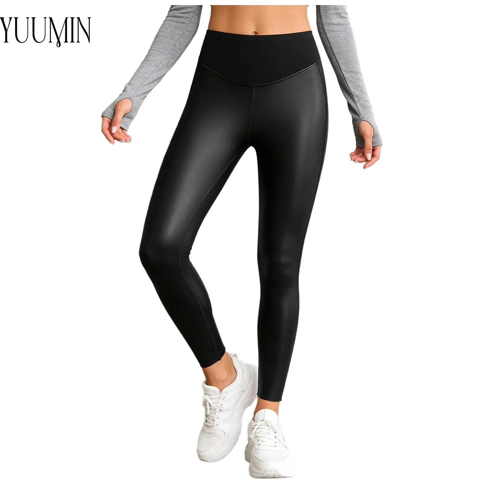 

Womens Stretchy PU Leather Sports Pants High Waist Thin Fleece-Lined Stretchy Leggings for Pilates Yoga Workout Running Jogging