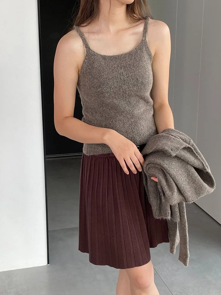 2024 Autumn Women Vintage Knitted Tank Top and Cardigans Ladies Two Pieces Sets Korean Fashion Long Sleeve Cropped Tops