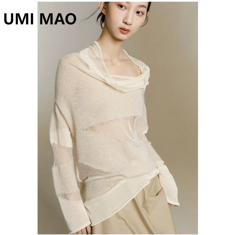 UMI MAO Fall Clothes 2024 Women Top Spring Autumn New High Collar Loose-fit Hollow Out Knitted Top Women's Thin Sweater Y2K