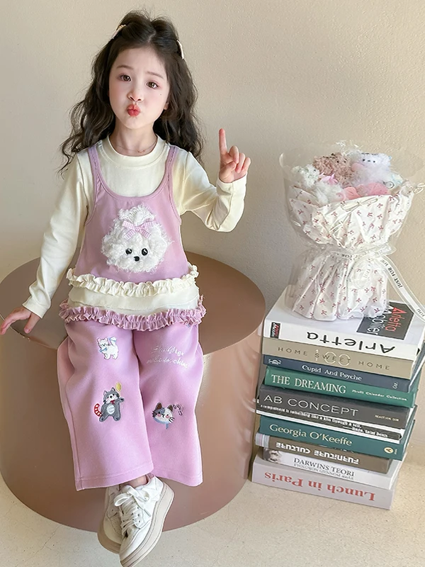 Roupa bordada para meninas verão outono faion conjunto solto calças de perna larga falso top de duas peças princ sle estudante orm