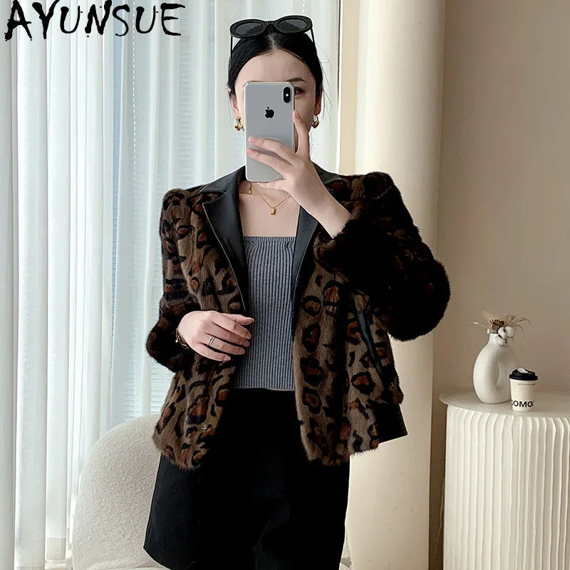 سترة من فراء المنك الطبيعي من AYUNSUE بدلة نسائية بياقة من جلد الغنم سترة من الفرو الحقيقي للمرأة ملابس من المينك الكامل 2025 شوبانا Жénska