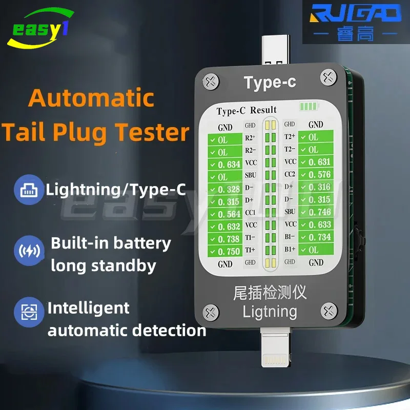 

RUGAO V68 Автоматический тестер обнаружения вставки хвоста для iPhone, Android, Type-C, Huawei, Xiaomi — универсальный инструмент для ремонта