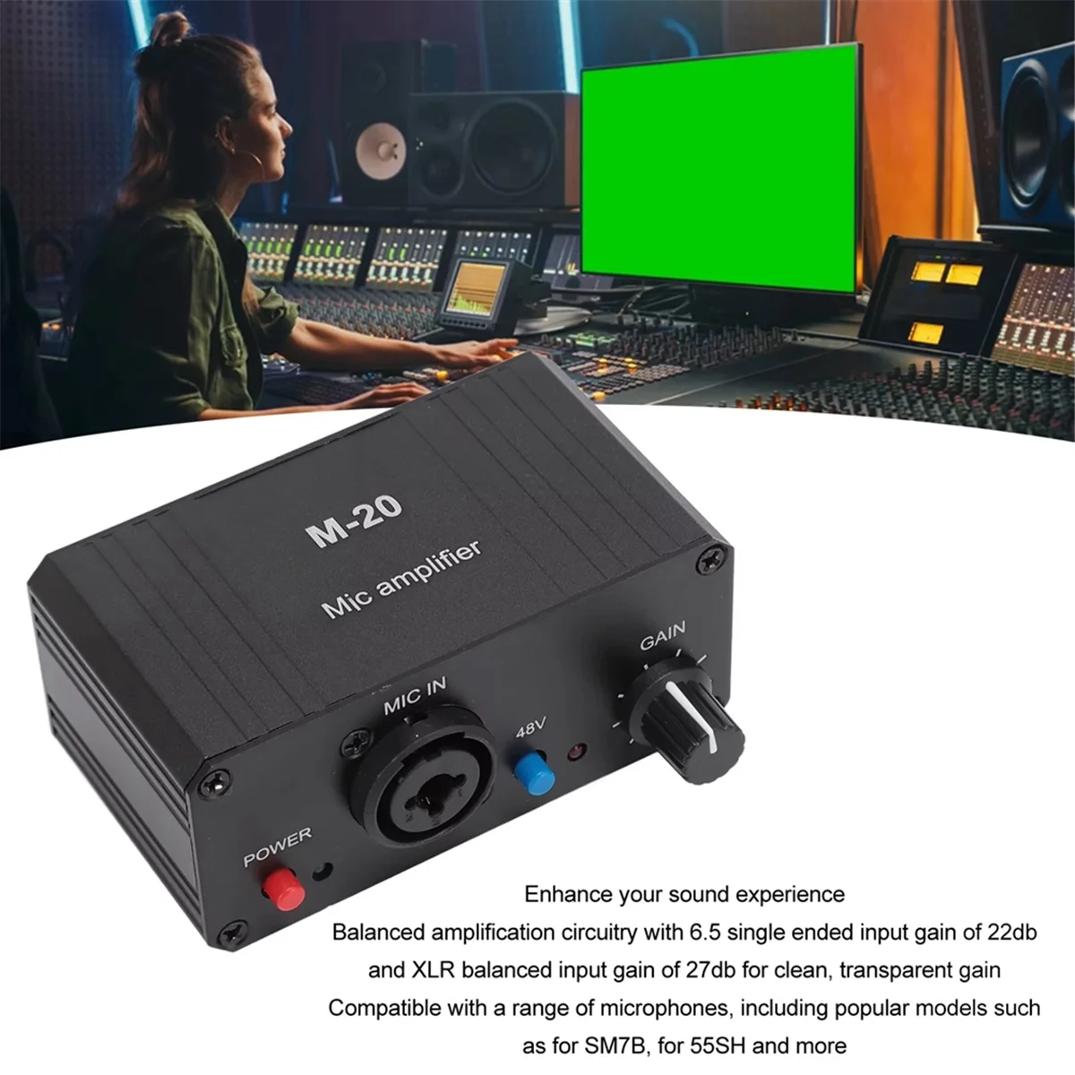 

2025+Microphone Preamp Black Metal Case XLR Output 48V Phantom Power Compact High Gain Mic Booster for Condenser Microphone