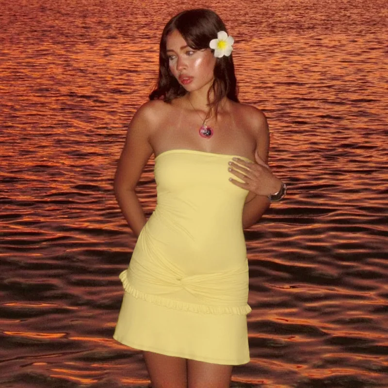 DSMTRC Abiti da vacanza estivi da donna Senza spalline Pieghe gialle solide Mini abito con spalle scoperte Abiti eleganti da festa per club