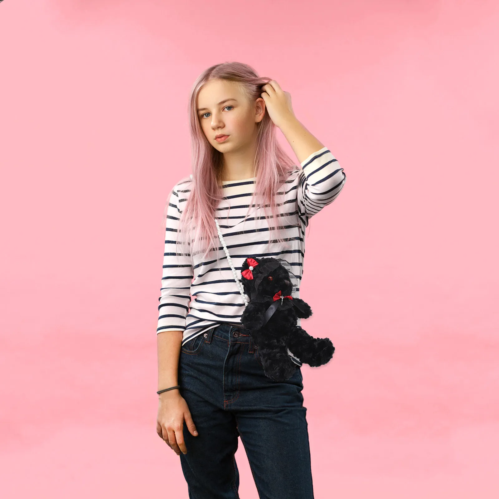 

Черная кружевная сумка-слинг с медведем, маленькая сумка через плечо, легкая мягкая сумка-медведь с жемчужной цепочкой для женщин и девочек, для путешествий