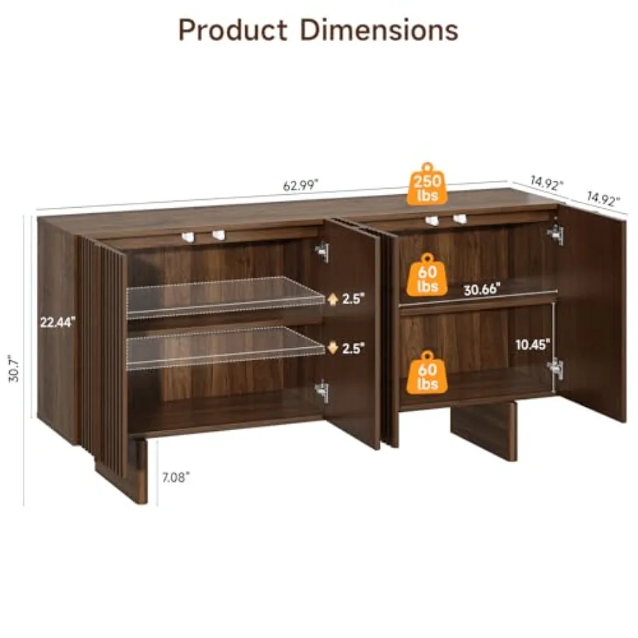 63 Fluted Sideboard Cabinet with Storage Adjustable Shelves for dining room, wood veneer, walnut finish, elegant fluted texture
