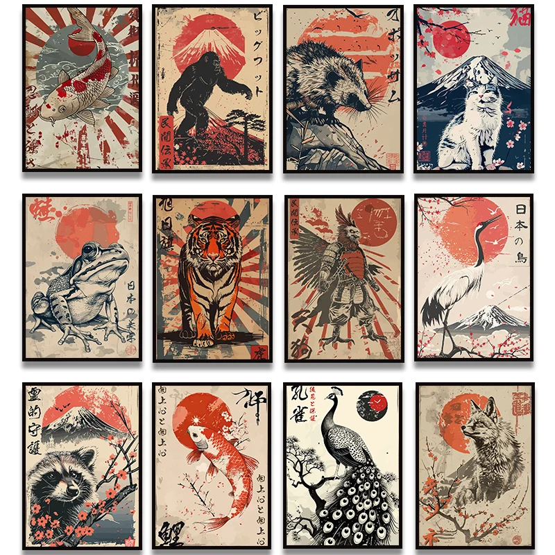 Винтажный японский постер с рыбой кои, лисой павлин, печать на холсте, художественные картины для гостиной и спальни, домашний декор, безрамная живопись