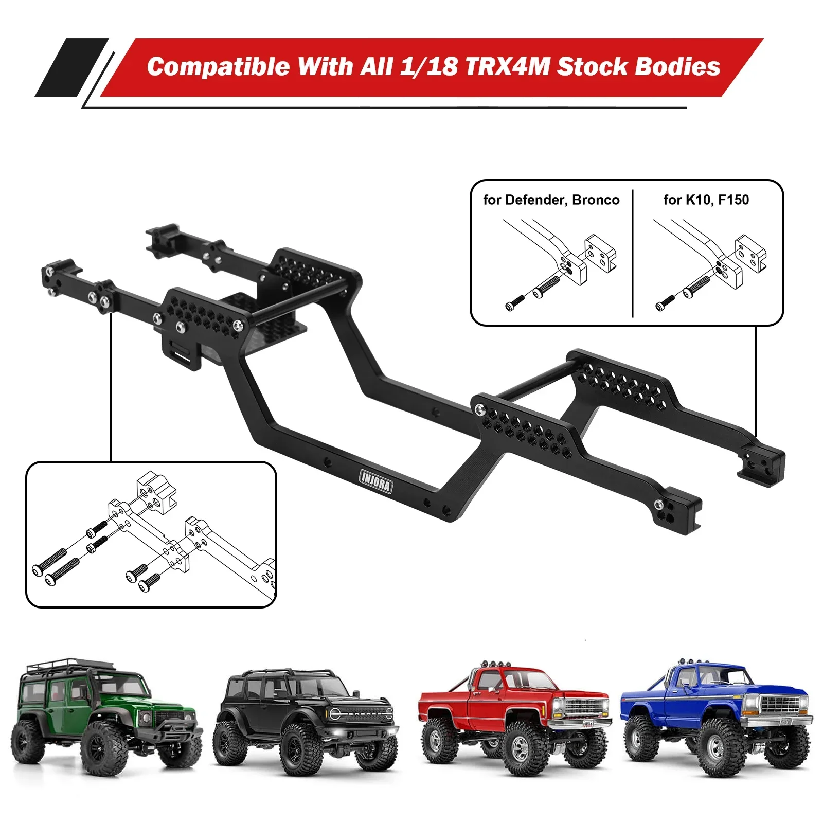 INJORA Universele LCG-chassisframekit voor 1/18 RC Crawler TRX4M (aluminium)