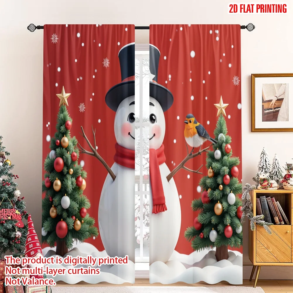 

2pcs 2D flat printing Christmas Scene Curtain Christmas Snowman Holiday Festive Polyester Fabric Without Electricity Party &