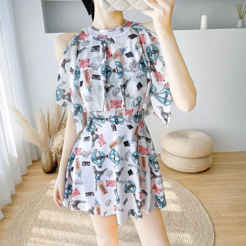 

2023 Summer Fashion Oversized Temperament Women's Clothing Slimming Conservative Seaside Vacation Printed Off Shoulder Swimwears