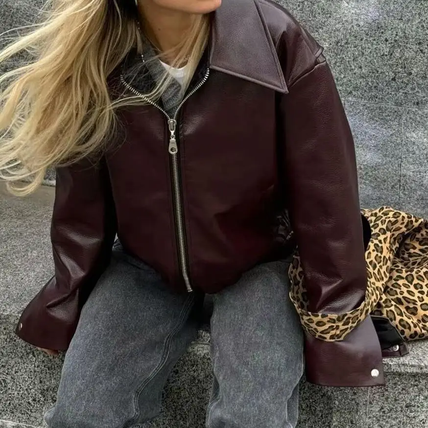 

American Sle Vintage Loose Collar Casual Zipper Open Cardigan Leather Jaet ort Length Sve Long Women's Faion