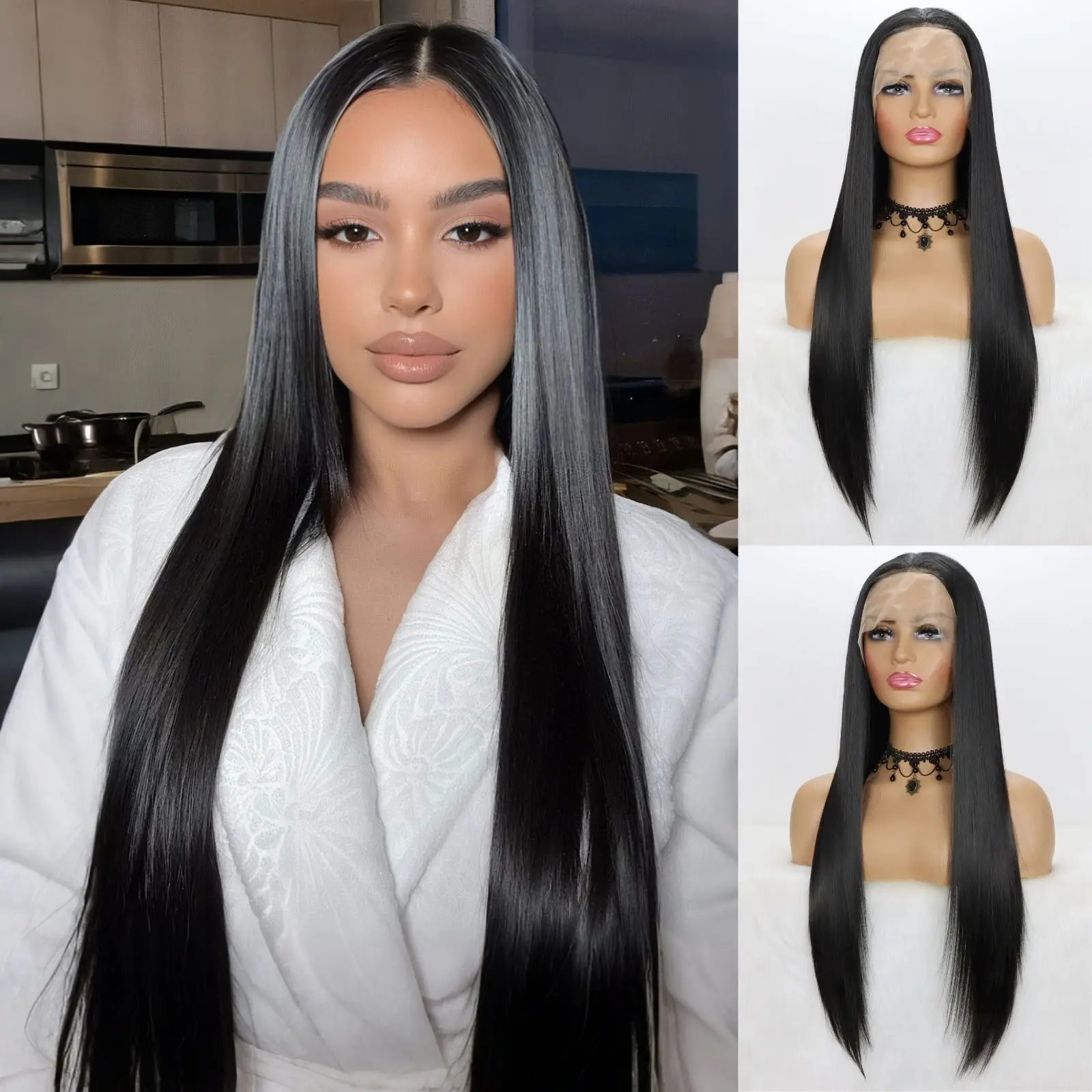 

Черный синтетический парик фронта шнурка 13x4 Парик фронта шнурка Предварительно выщипанные парики с натуральной линией волос для женщин Ежедневное использование на вечеринке 24 дюйма